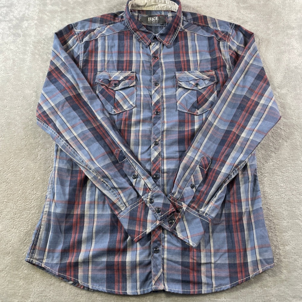 BKE Shirt Athletic Fit Mens Large Plaid Button Flap Pockets Preppy Casual